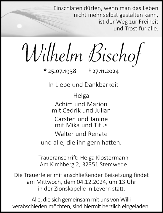 Traueranzeige von Wilhelm Bischof von Neue Westfälische