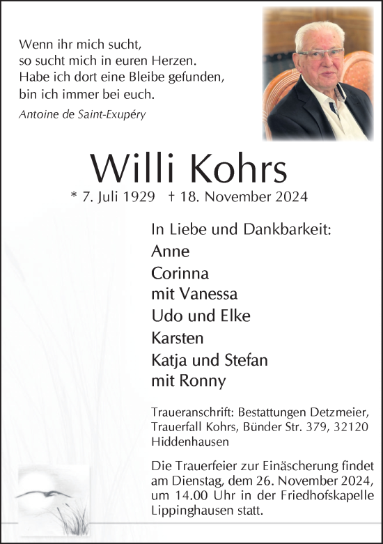 Traueranzeige von Willi Kohrs von Neue Westfälische