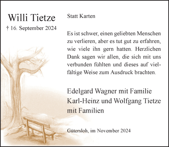 Traueranzeige von Willi Tietze von Neue Westfälische