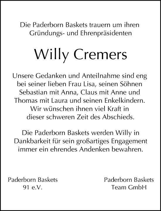 Traueranzeige von Willy Cremers von Neue Westfälische