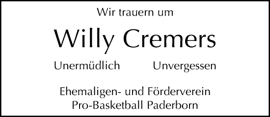 Traueranzeige von Willy Cremers von Neue Westfälische