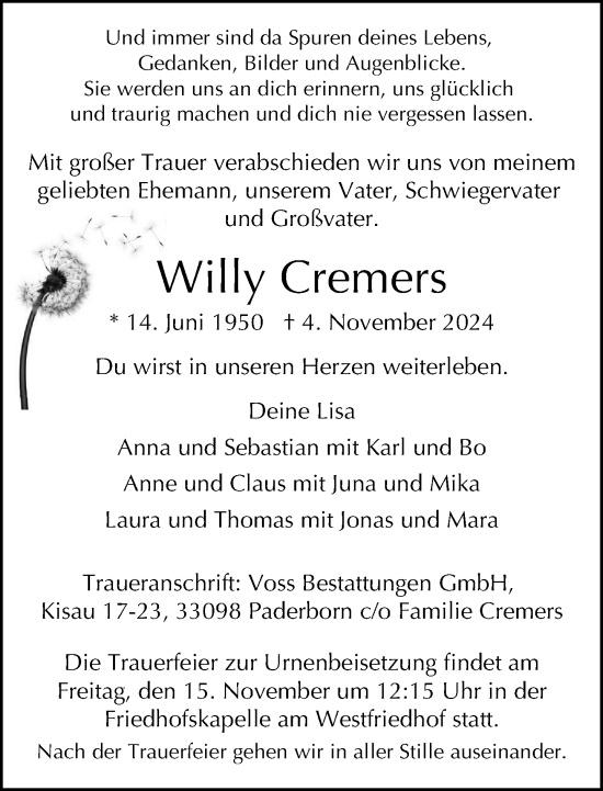 Traueranzeige von Willy Cremers von Neue Westfälische