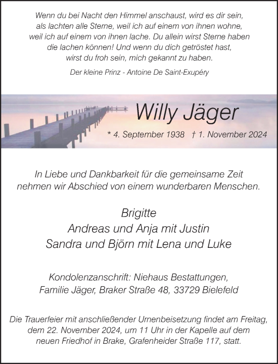 Traueranzeige von Willy Jäger von Neue Westfälische