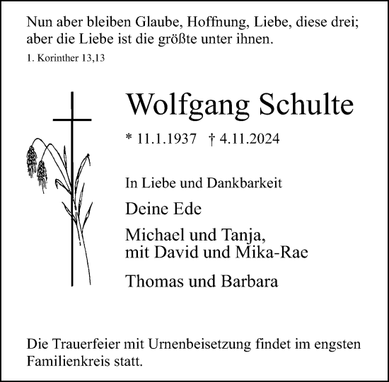 Traueranzeige von Wolfgang Schulte von Neue Westfälische