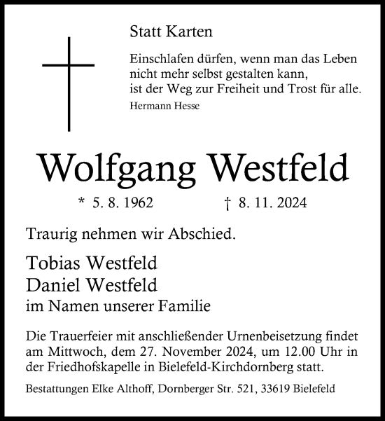 Traueranzeige von Wolfgang Westfeld von Neue Westfälische