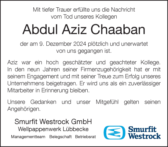 Traueranzeige von Abdul Aziz Chaaban von Neue Westfälische