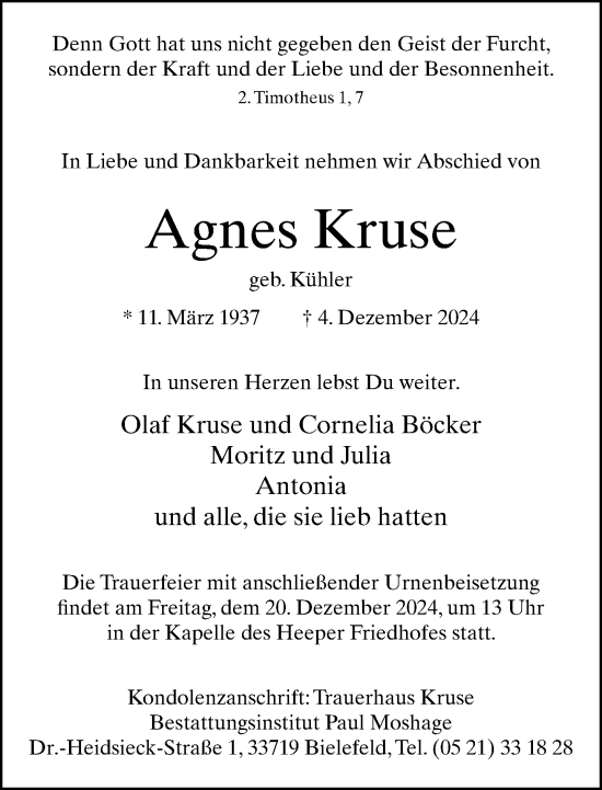 Traueranzeige von Agnes Kruse von Neue Westfälische