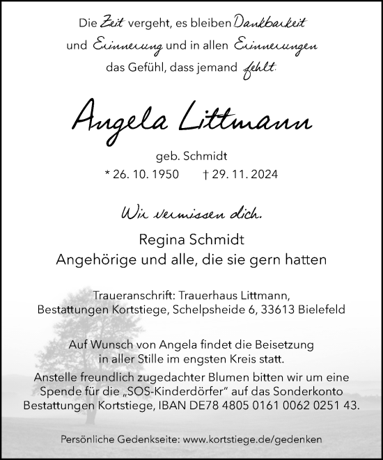 Traueranzeige von Angela Littmann von Neue Westfälische