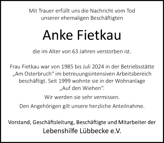 Traueranzeige von Anke Fietkau von Neue Westfälische