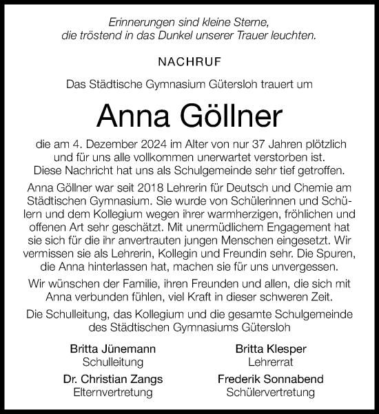 Traueranzeige von Anna Göllner von Neue Westfälische