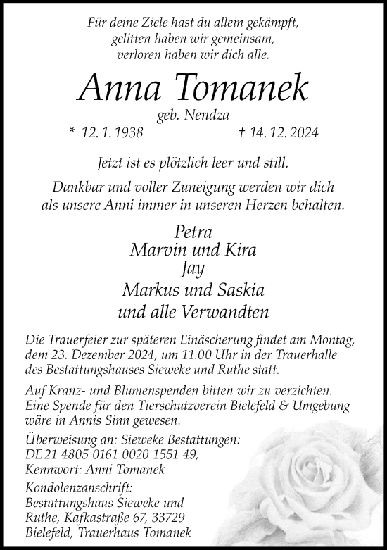 Traueranzeige von Anna Tomanek von Neue Westfälische