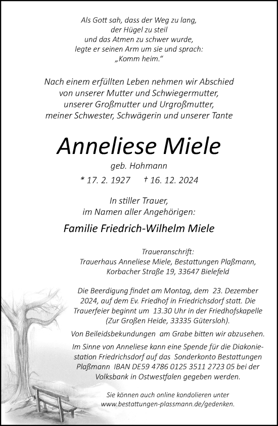 Traueranzeige von Anneliese Miele von Neue Westfälische