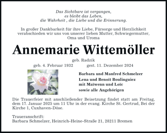 Traueranzeige von Annemarie Wittemöller von Neue Westfälische