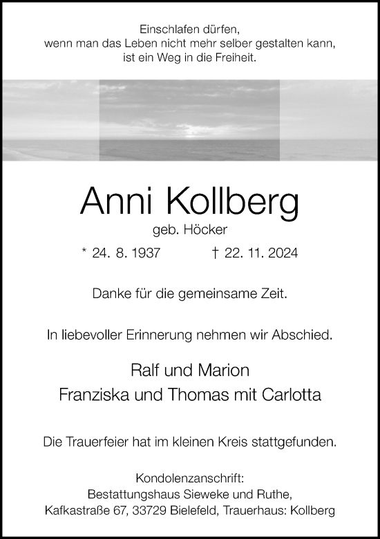 Traueranzeige von Anni Kollberg