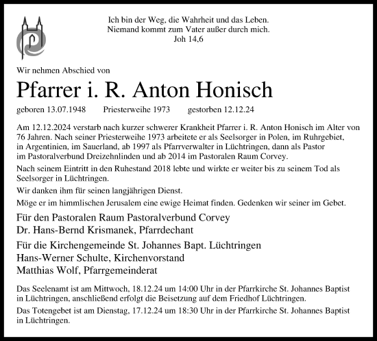 Traueranzeige von Anton Honisch von Neue Westfälische