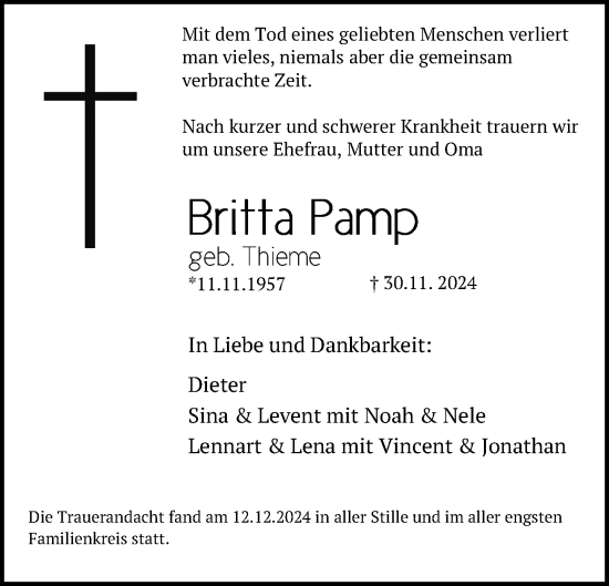 Traueranzeige von Britta Pamp von Neue Westfälische
