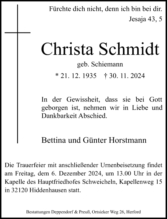 Traueranzeige von Christa Schmidt von Neue Westfälische