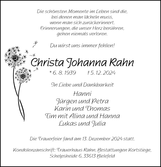 Traueranzeige von Christa Johanna Rahn von Neue Westfälische