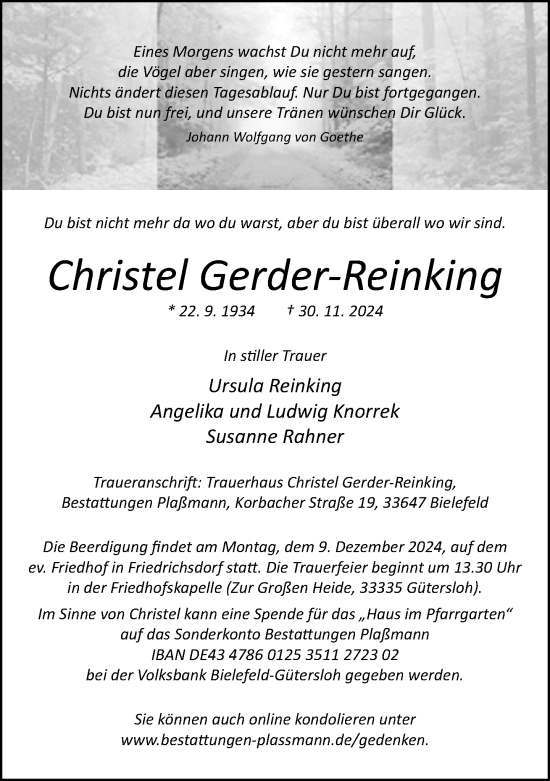 Traueranzeige von Christel Gerder-Reinking von Neue Westfälische
