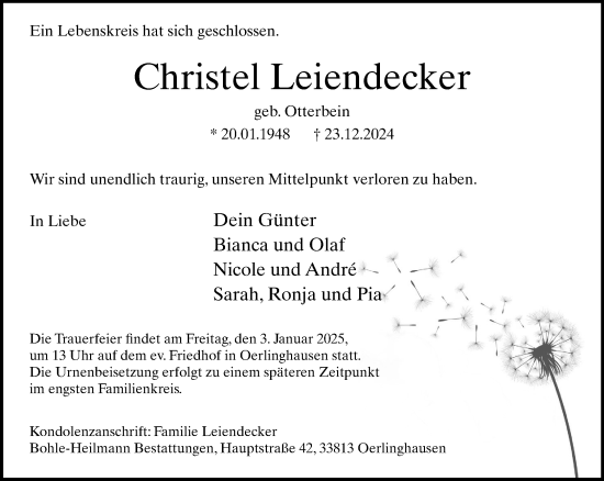 Traueranzeige von Christel Leiendecker von Neue Westfälische