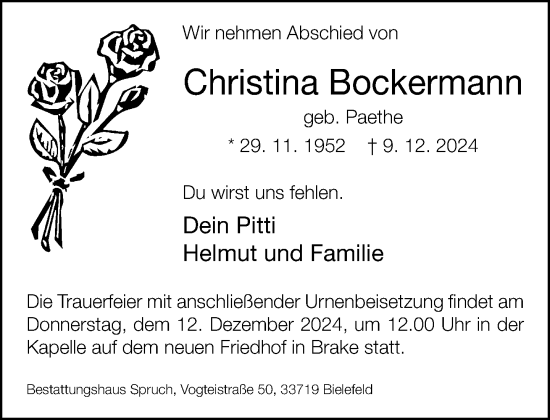 Traueranzeige von Christina Bockermann von Neue Westfälische