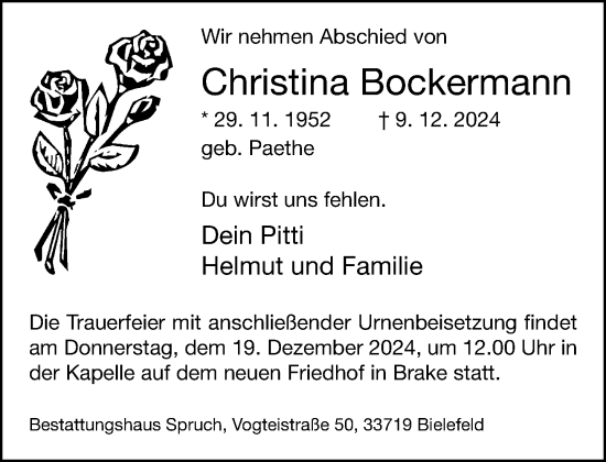 Traueranzeige von Christina Bockermann von Neue Westfälische