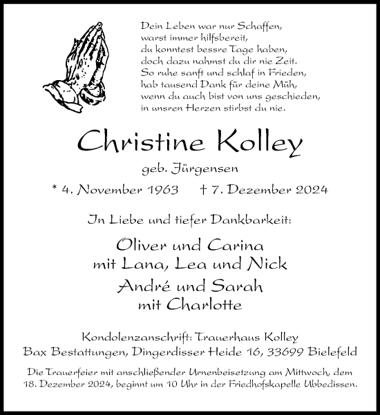 Traueranzeige von Christine Kolley von Neue Westfälische