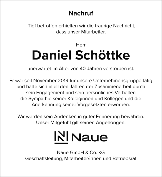 Traueranzeige von Daniel Schöttke von Neue Westfälische