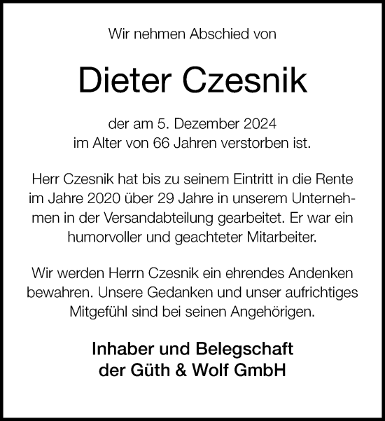 Traueranzeige von Dieter Czesnik von Neue Westfälische