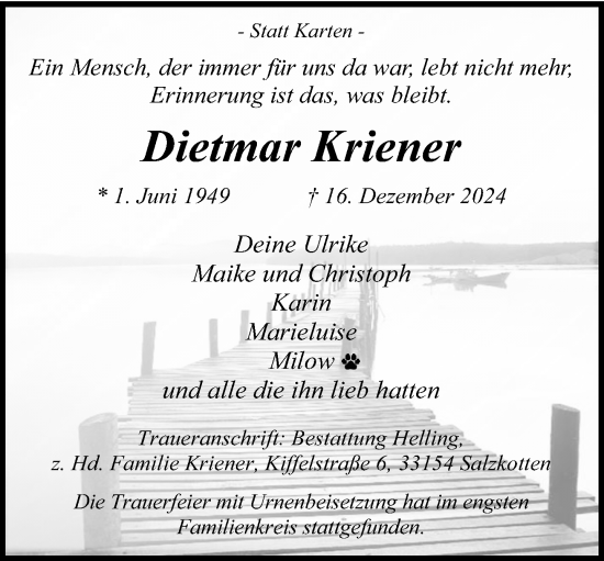 Traueranzeige von Dietmar Kriener von Neue Westfälische