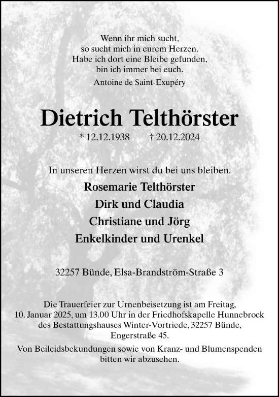 Traueranzeige von Dietrich Telthörster von Neue Westfälische