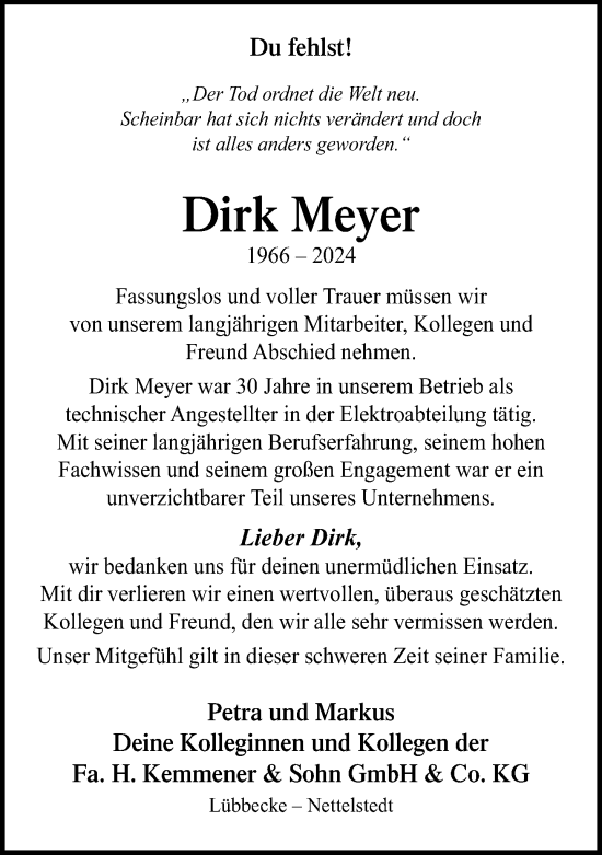 Traueranzeige von Dirk Meyer von Neue Westfälische