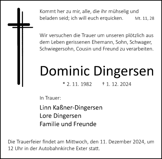 Traueranzeige von Dominic Dingersen von Neue Westfälische