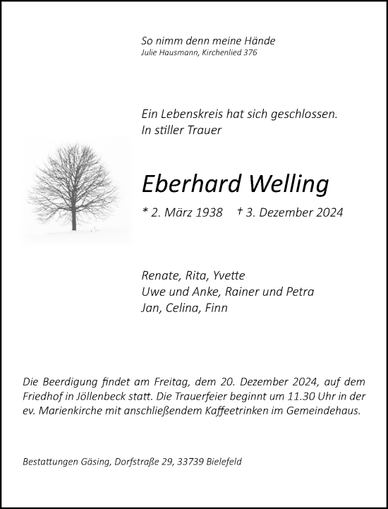 Traueranzeige von Eberhard Welling von Neue Westfälische