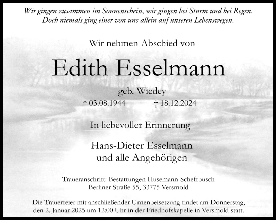 Traueranzeige von Edith Esselmann von Neue Westfälische