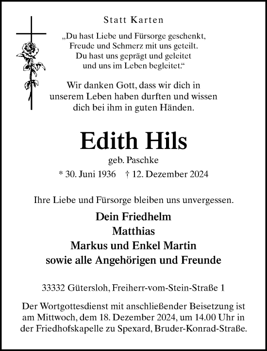 Traueranzeige von Edith Hils von Neue Westfälische