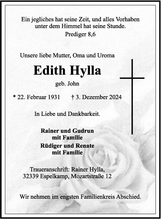 Traueranzeige von Edith Hylla von Neue Westfälische