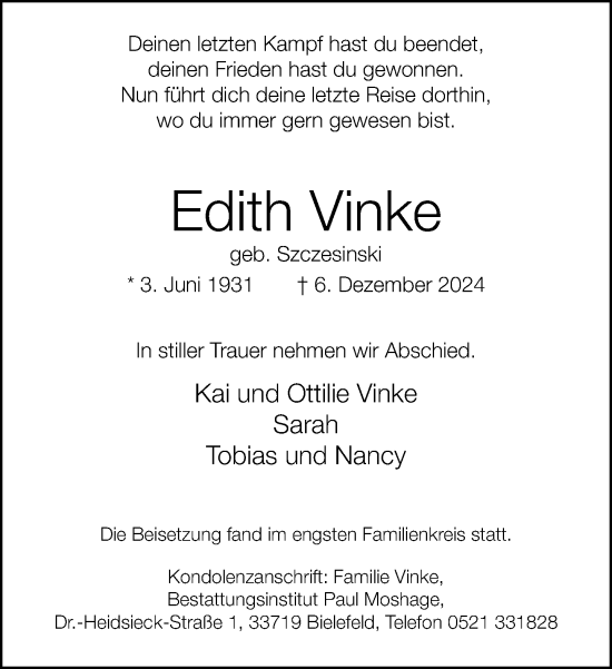 Traueranzeige von Edith Vinke von Neue Westfälische