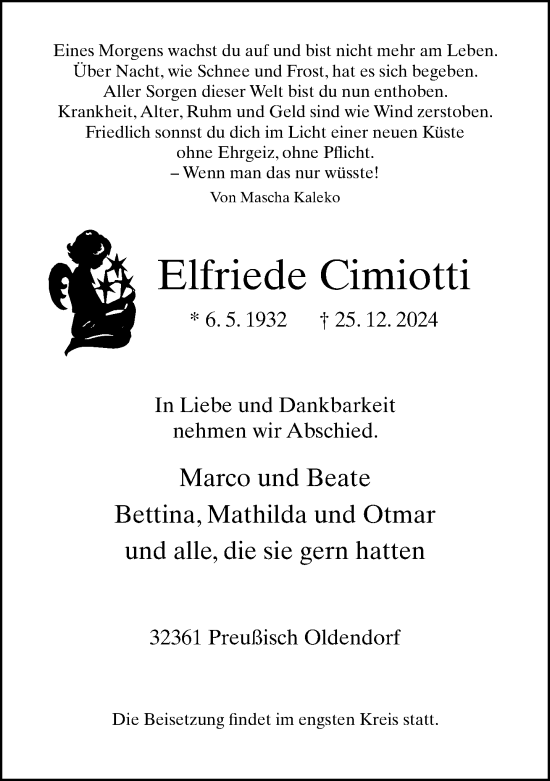 Traueranzeige von Elfriede Cimiotti von Neue Westfälische