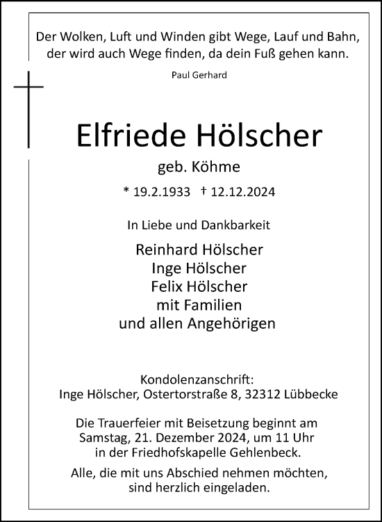 Traueranzeige von Elfriede Hölscher von Neue Westfälische