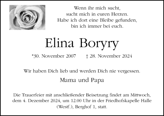 Traueranzeige von Elina Boryry von Neue Westfälische