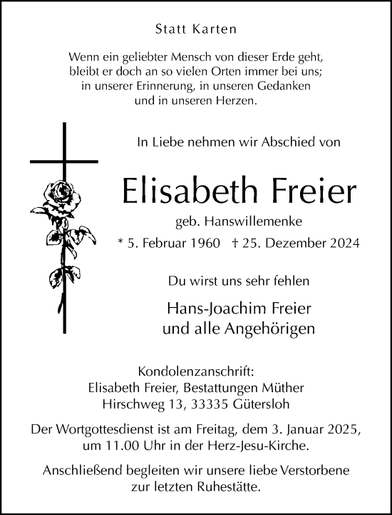 Traueranzeige von Elisabeth Freier von Neue Westfälische