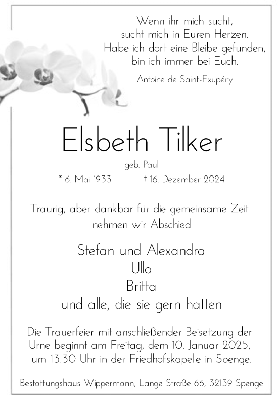 Traueranzeige von Elsbeth Tilker von Neue Westfälische