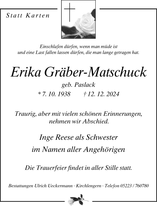 Traueranzeige von Erika Gräber-Matschuck von Neue Westfälische