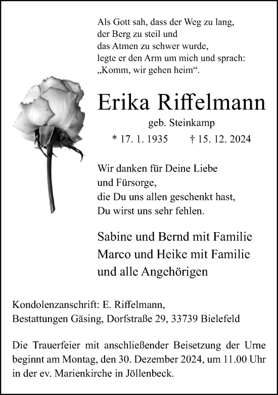 Traueranzeige von Erika Riffelmann von Neue Westfälische