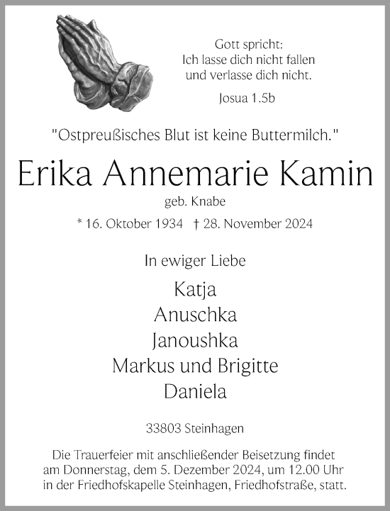 Traueranzeige von Erika Annemarie Kamin von Neue Westfälische