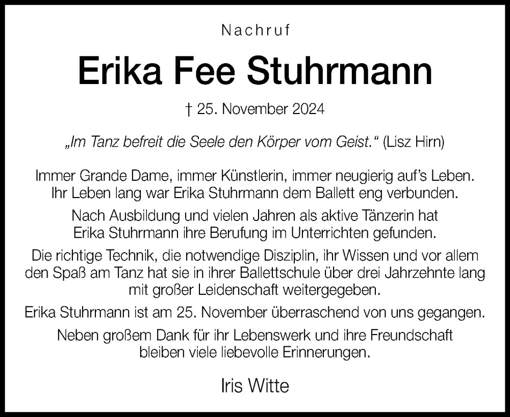  Traueranzeige für Erika Fee Stuhrmann vom 14.12.2024 aus Neue Westfälische