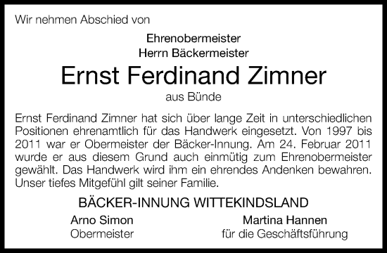 Traueranzeige von Ernst Ferdinand Zimner von Neue Westfälische