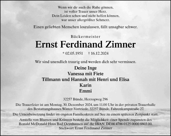 Traueranzeige von Ernst Ferdinand Zimner von Neue Westfälische