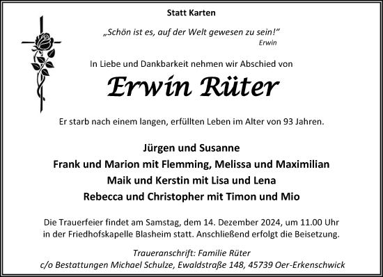 Traueranzeige von Erwin Rüter von Neue Westfälische